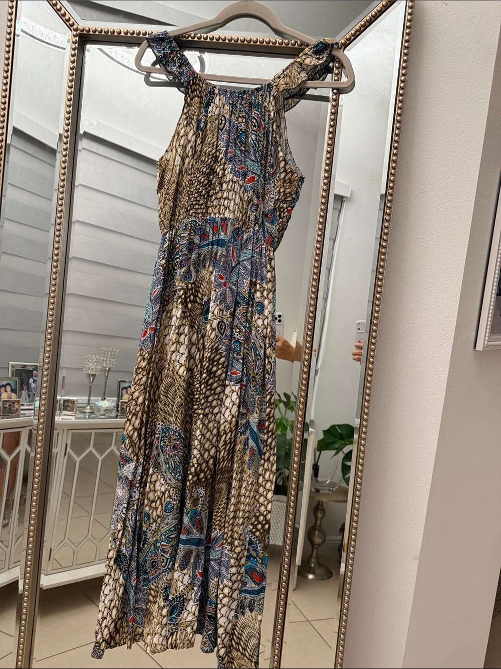 Sleeveless Paisley & Neutral Maxi Dress in Beige and Blue